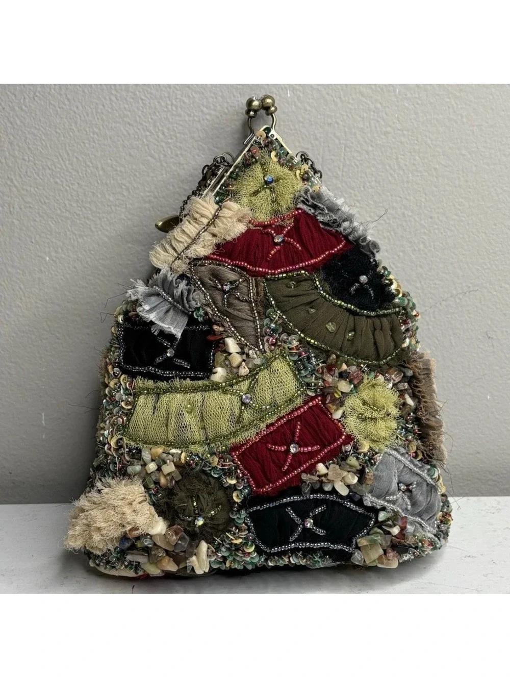 Mary Frances Mixed Media Beaded Patchwork Hobo Purse with Adjustable Strap